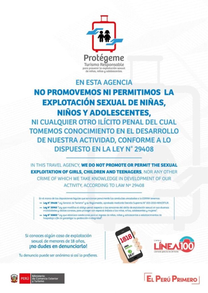 Protégeme notice: this agency does not promote or allow the sexual exploitation of children and adolescents (Law 29408)