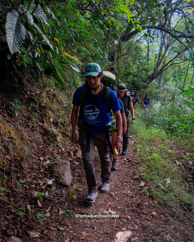 Terra Quechua guide leading a group of hikers along a forest trail on the Inca Jungle trek