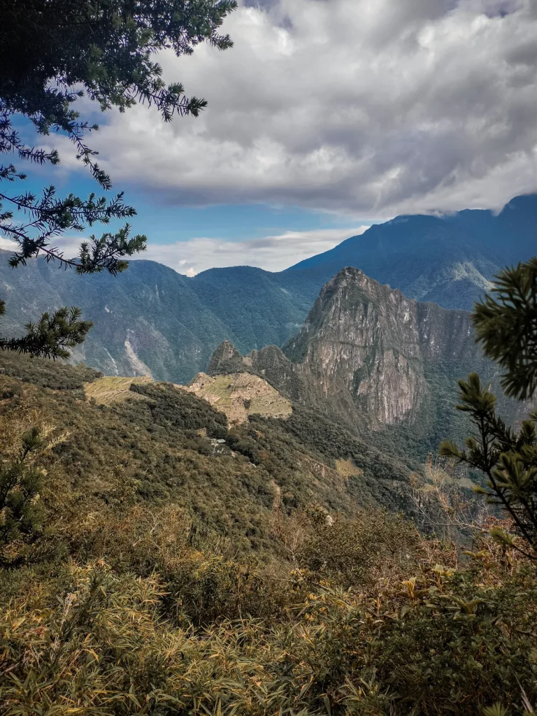Machu Picchu and Huayna Picchu seen from the Inca Trail above the citadel