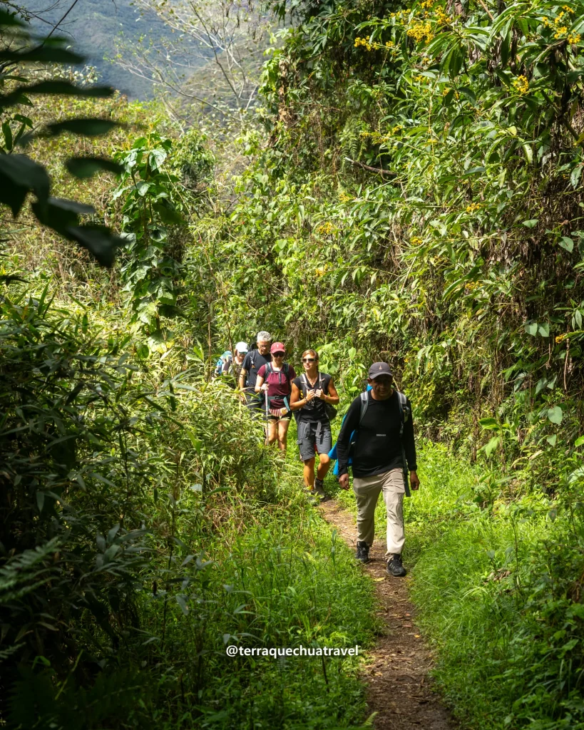 Group of hikers on a green trail in the valley on the Salkantay trek